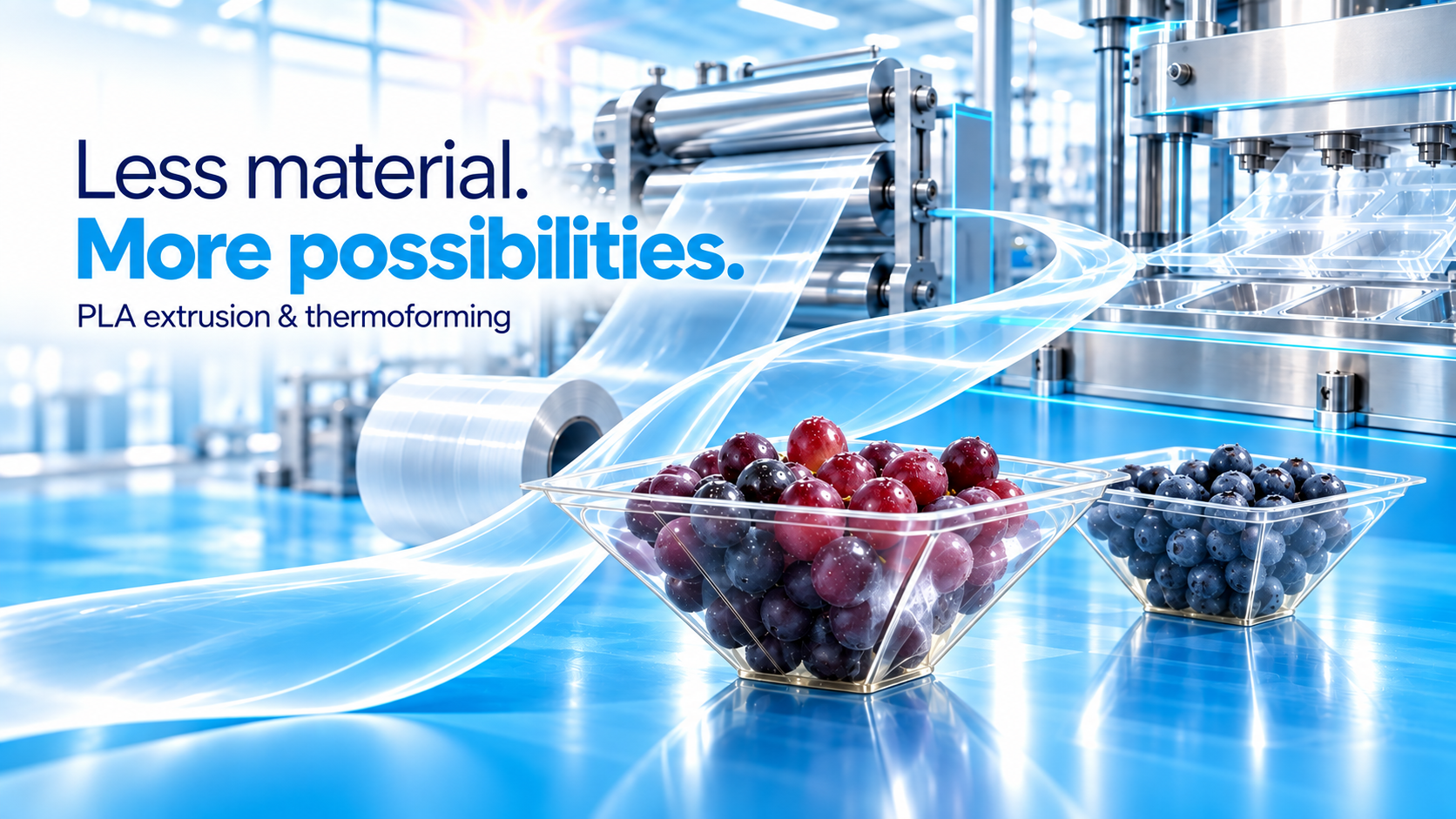 Transparent produce packaging with grapes, blueberries, tomatoes and pomegranate arils against agricultural fields. Less material. More possibility.